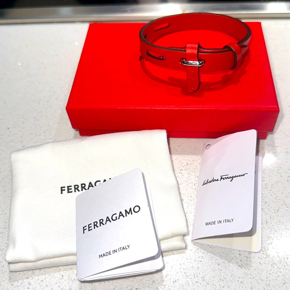 Ferragamo Red Leather Eyelets Bracelet Made in Italy